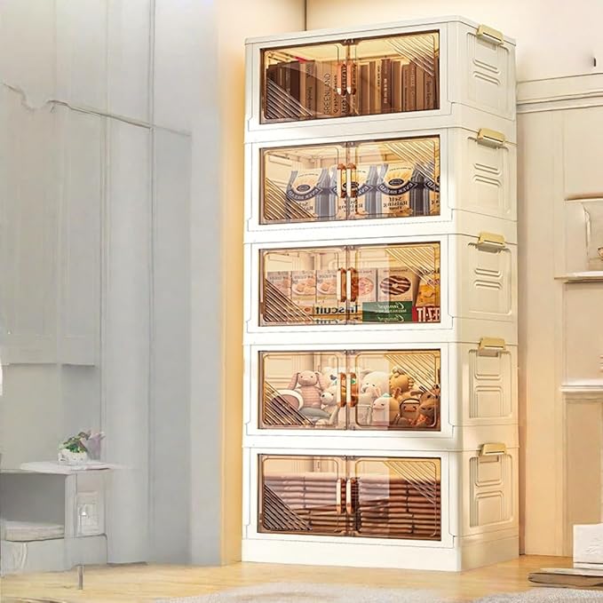 Storage Bins Stackable Folding Plastic Storage Containers with Clear Lids Multi Layer Organizer for Home Dorm Office Closet Bedroom Living Room