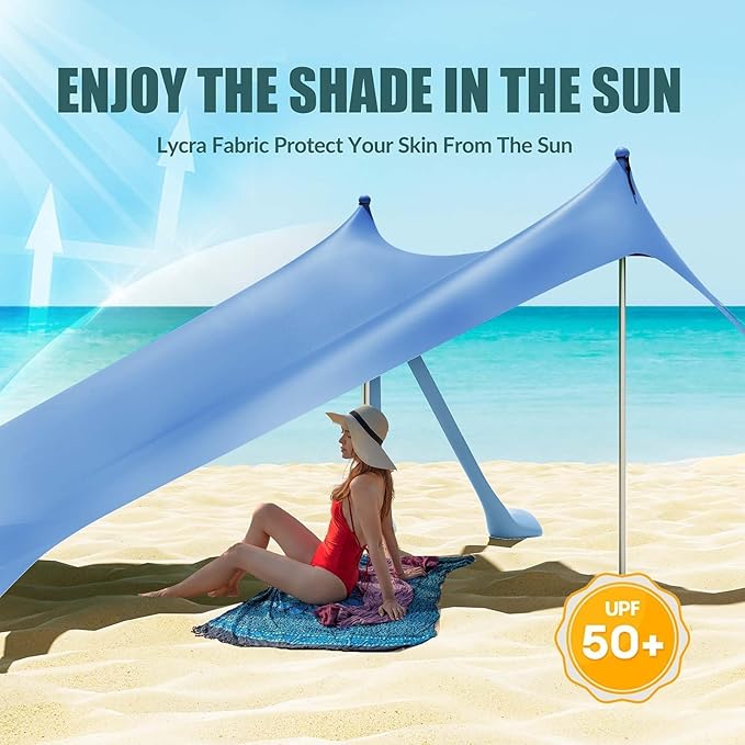 Gardentime Beach Tent Canopy with 8 Sandbags 4 Aluminum Poles Pop Up Portable Camping Sun Shelter Easy Set Up with 2 Sand Shovel Ground Pegs Carrying Bag for Outdoor BeachPicnic Fishing