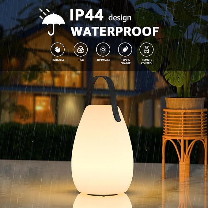 uuffoo Rechargeable Portable Table Lamp Cordless RGB Lantern with Remote Decorative LED Night Light IP44 Waterproof Indoor Outdoor Lamp for Bedroom Patio Garden Wedding Party