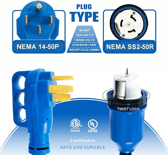 50 Amp Generator Cord and Power Inlet Box 15FT Generator Cords 50 Amp125V/250V Generator Power Cord NEMA14-50P/SS2-50R Twist Lock Connector