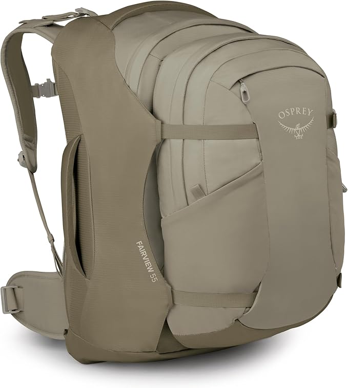 Osprey Fairview 55L Women's Travel Backpack - Carry On Bag with Personal Item Sized Detachable Daypack Sawdust-Olive Tan