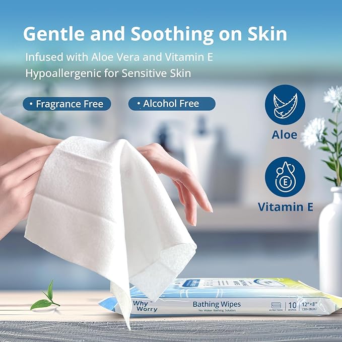 WhyWorry Ultra Thick Bathing Wipes for Adults Rinse Free Large Body Wipes for Women Men Elderly Care &amp Cleaning 8 x 12 Disposable Shower Washcloths for Gym &amp Camping Unscented 100 Coun