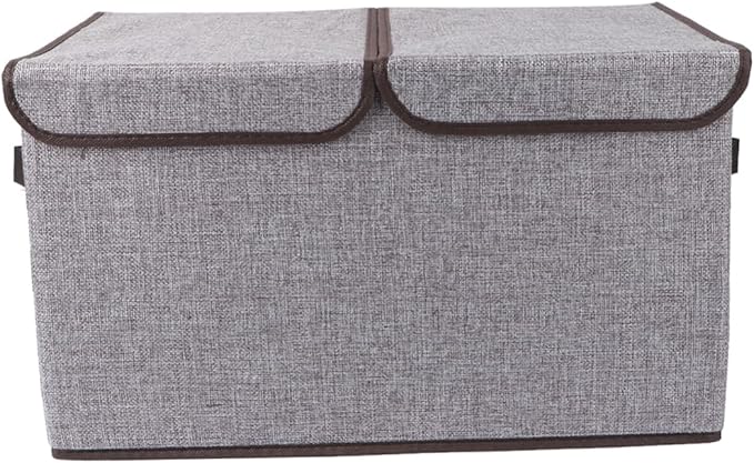 Levemolo Foldable Storage Bin Double Lids and Handles for Organizing Books Crafts Toys and More Grey Cotton Linen Storage Box for Home and Office Use