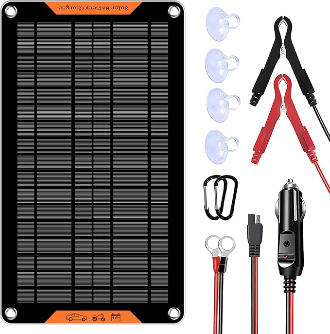 12 Volt 10 Watt Solar Car Battery Charger &amp Maintainer Solar Panel Trickle Charger with Alligator Clip&amp Cigarette Lighter PlugAdapter for Car Boat Automotive Motorcycle RV