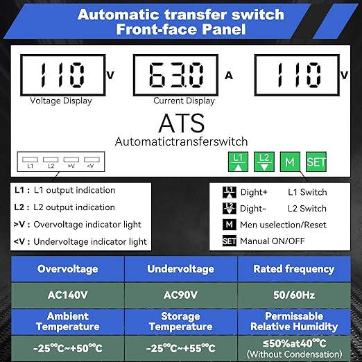 63A 110V Automatic Transfer Switch 2P Dual Power Select Interruptor Electrical Changeover Switch with LED Display Mini ATS Din Rail Mount 50/60Hz CE Certified for Backup Power