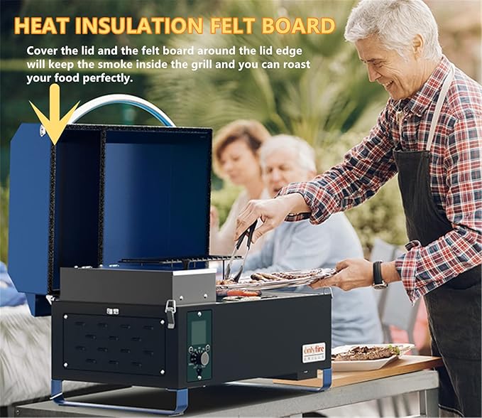 ONLYFIRE GRILLS BBQ Wood Pellet Grill Smoker with Digital Control Meat Probe &amp 2 Tiers Cooking Area Portable Tabletop Grilling Stove for BBQ Smoke Bake and Roast RV Camping Blue GS313