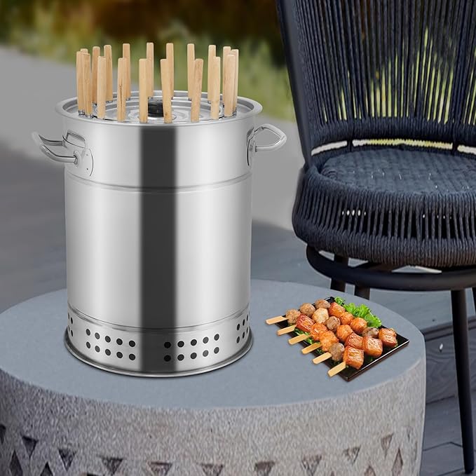 Large Portable Charcoal Grills 2 in 1 Vertical Smoker 360° Smokeless Stainless Steel BBQ Grill Barrel for Outdoor Barbecue Camping And Backyard Cooking (Mini-20 Skewers)