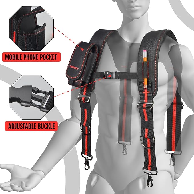 Heavy Duty Tool Belt Suspenders – Adjustable X-Back Padded Shoulder Harness with Universal Hooks – Tactical Work Suspenders for Electricians Carpenters Construction