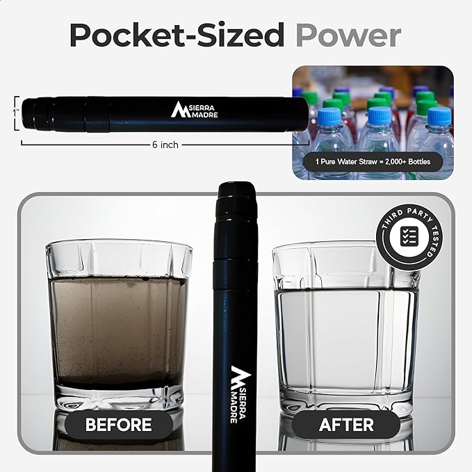 Sierra Madre Portable Water Filter Straw – 264 Gallon Water Filtration for Backpacking Camping Hiking Travel - Ideal for Outdoor Emergency Hydration &amp Supplies - Portable &amp Lightweight (Pac