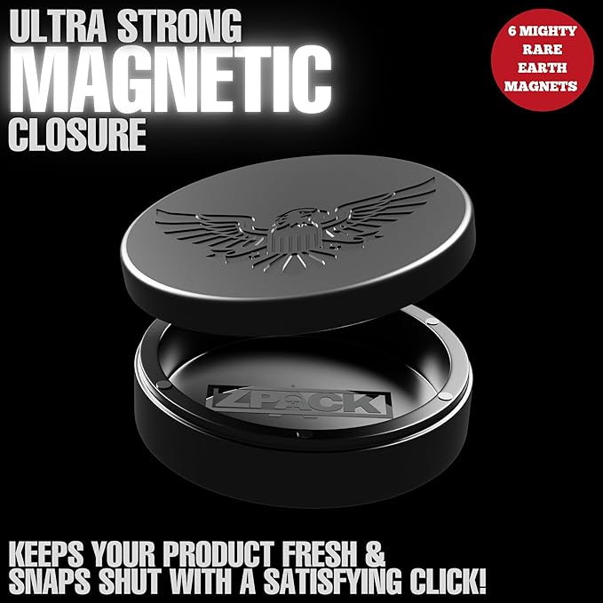ZPACK Magnetic Zyn Metal Can Holder Metal Container Carved Tin with Magnetic Closure Aluminum Container Slim Pouch Can Gift for Him – Engraved Logo Black (Eagle)