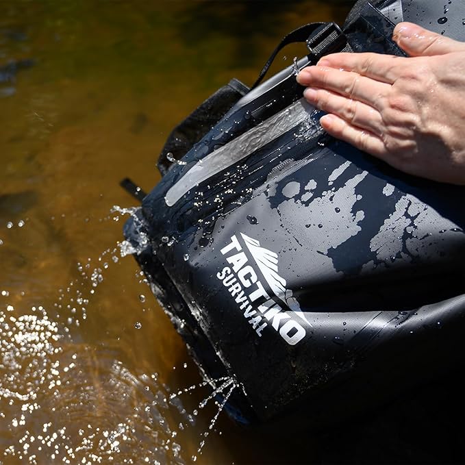 Tactiko Survival 30L Heavy-Duty 100% Waterproof Backpack - Equipment Pocket Carabiner - Roll Top Floating Dry Bags (Jet Black)