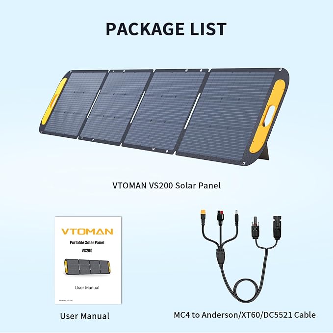 VTOMAN VS200 Portable Solar Panel for Power Station 200W 19V Foldable Solar Panel w/Supporting Stand High 23% Efficiency IP67 Waterproof Solar Panel Kit for Backyard Trip Off Grid System