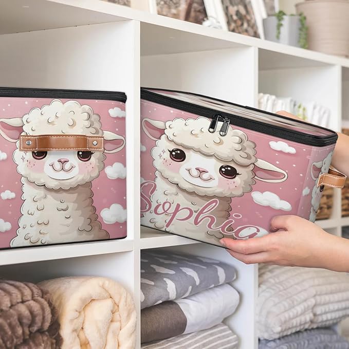 Custom Storage Basket with Name Personalized Storage Bins with Zipper Lid Foldable Fabric Storage Box Large capacity with Handle Cloud Sheep