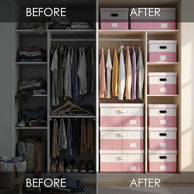PRANDOM Storage Bins with Lids [3-Pack] Linen Fabric Foldable Storage Boxes Organizer Containers Baskets Cube with Cover for Bedroom Closet Office White&ampPink (23.4X15.9X11.4)
