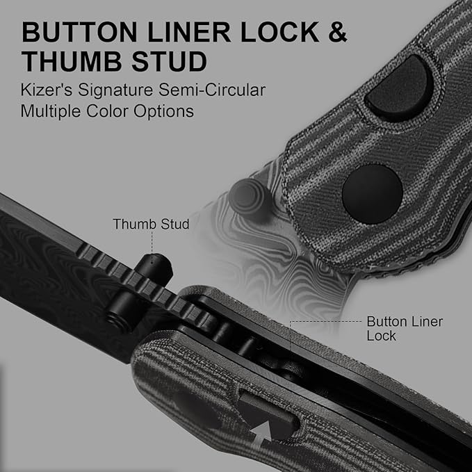 Kizer Phoca BD Pocket Knife 2.95 Drop Point Damascus Blade Folding Knives with Black Norplex UltreX™ Micarta Handle Thumb Stud EDC Knife for Men Women V3781BDA3