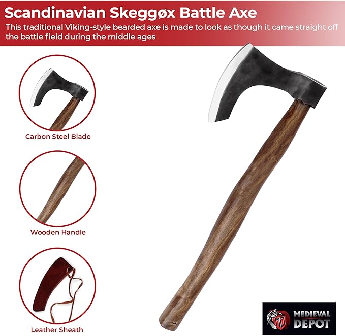 MedievalDepot Traditional Scandinavian Skeggøx Battle Axe - Overall 20 Carbon Steel - Functional &amp Battle Ready
