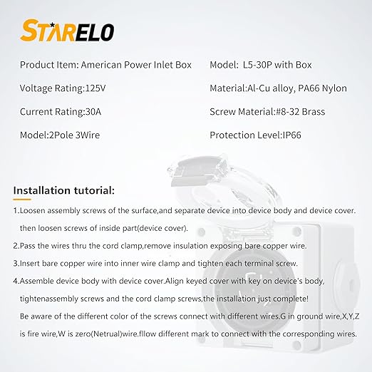 STARELO 30 Amp Generator Power Inlet Box NEMA L5-30P 125Volt 3750 WattsOutdoor dustproof and Weatherproof for generators Welding Machines etc.ETL Listed.(NEMA L5-30P Box)