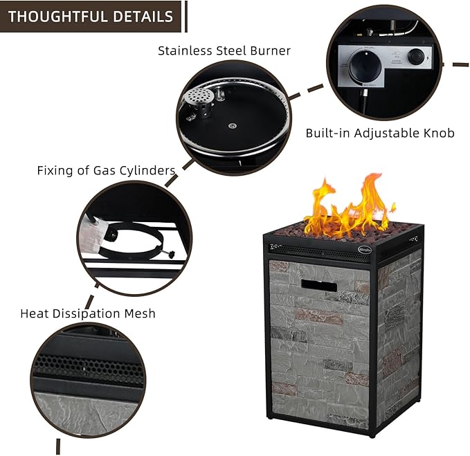 Afterglow Terrafab Grey Panels with Steel Frame 16 Square 40000 Btu Propane Fire Column Outdoor Wood Effect Fire Pit for Outdoor Patio Garden Backyard Decking Decor CSA Certificated