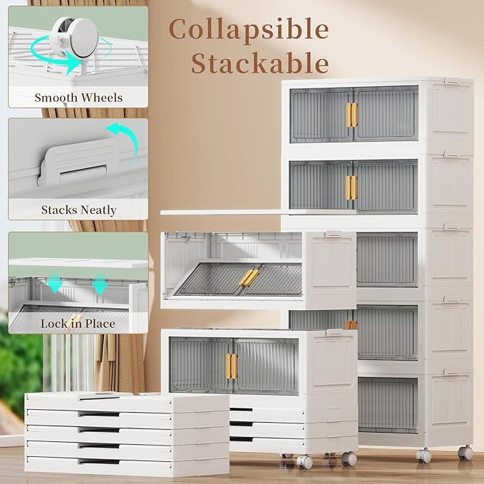 62 Gal Stackable Plastic Storage Bins with Lids 3 Tier Collapsible Closet Organizers and Storage with Wheels for Living RoomOfficeDorm 26.8 W x 14.4 D x 37 H