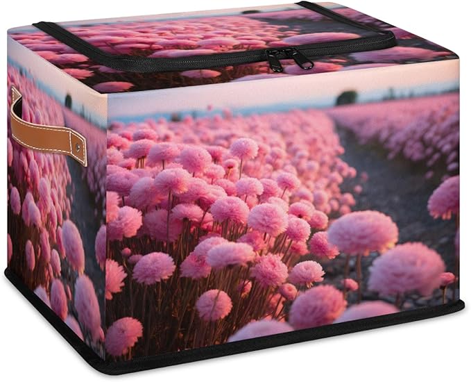 KOBLEN Pink Floral Print Storage Basket Collapsible Rectangular Storage Bins with Zipper Lid Handle Closet Shelf Cloth Organizer Basket for Nursery Bedroom Clothes Toy