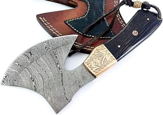 Dessi Handmade Damascus Steel Axe Hatchet Wenge Wood Handle Brass Engraved Bolster Leather Sheath Camping Bushcraft EDC Tomahawk Gift Men SM45