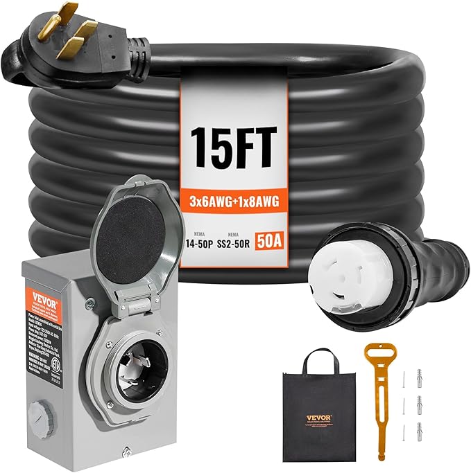 VEVOR 50 Amp Generator Cord and Power Inlet Box Kit 15FT Generator Extension Cord NEMA 14-50P/SS2-50R STW 6/3+8/1 AWG with Twist Lock Connector Pre-Drilled Inlet Box ETL Listed