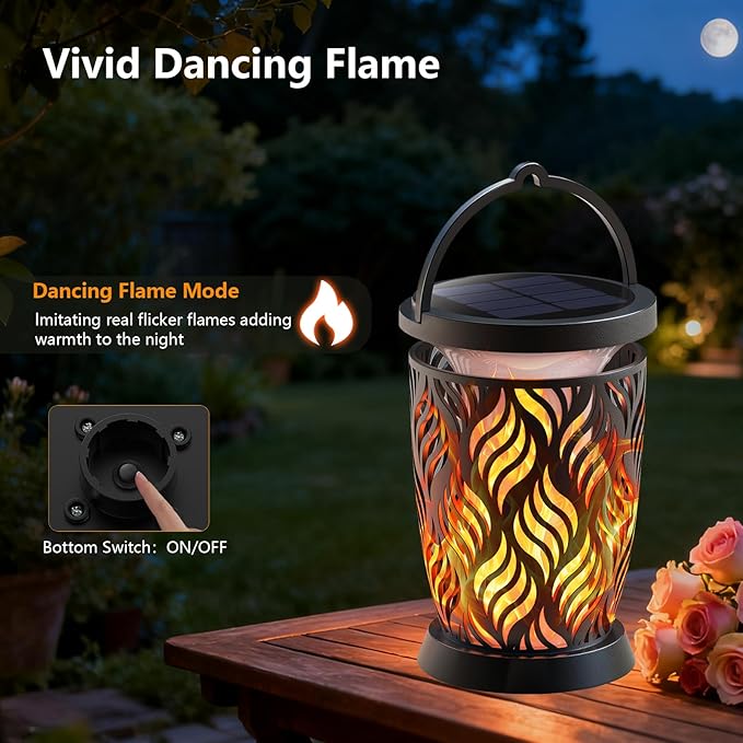 Solar Lanterns Outdoor Waterproof 2 Pack Flickering Solar Flame Lights Upgraded Hanging Flame Lantern Pathway Torch Light Table Lamp Auto On/ Off Porch Yard Gifts (1 Lighting Mode)