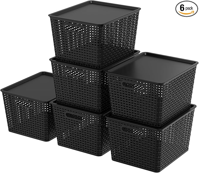 Large Plastic Storage Baskets with Lids Stackable Storage Bin Basket for Organizing Shelves Closet Pantry 14.09 x 11.69 x 8.78 6 Pack Black