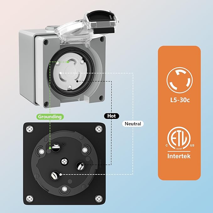 30 Amp Locking Generator Power Inlet Box NEMA L5-30C Female Power Inlet Box for 3 Prong Generator Cord Welding Machines 125Volt 3750 Watts IP66 Outdoor Dustproof and Weatherproof Outdoor Use
