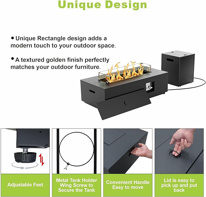 2-Piece 42 LED Rectangular Propane Fire Pit for Outside Patio with Hidden Tank Table 50000 BTU Fireplaces with Glass Wind Guard Lid Glass Rocks Cover(Black w/RGB Light)