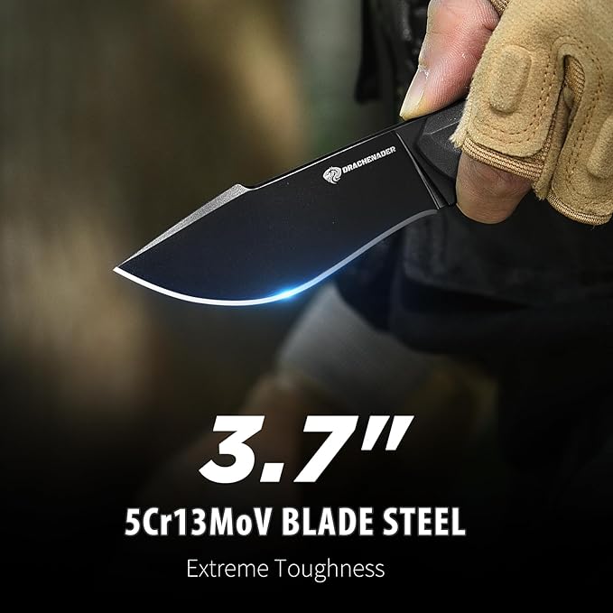 DRACHENADER 7.68 EDC Survival Knife with Fire Starter L-Y Small EDC Full Tang Fixed Blade Knife with Sheath Belt Clip Full Black