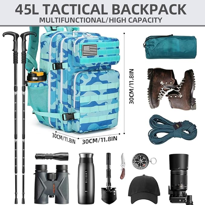 45L Military Tactical Backpacks 3 Days Assault Pack Bag Fitness Rucksack 3 Day Bug Out Bag Hiking Treeking Molle Daypack (Blue CP)