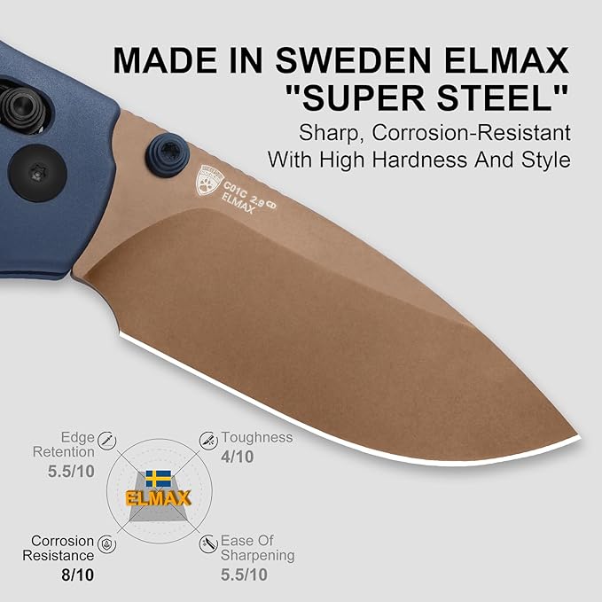Kizer C01C 2.9 CD Sheepdog Pocket Knife 2.95 Elmax Drop Point Blade Folding Knife with Blue Aluminum Handle EDC Knives with Thumb Stud Small Camping Survival Knives Ki3488.29CDA1
