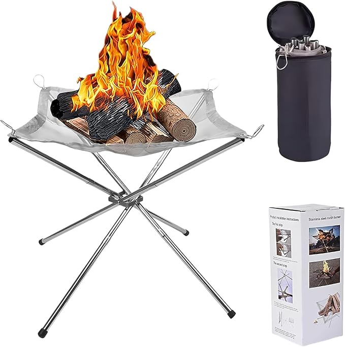 22 inch Portable Outdoor Fire Pit for Camping Upgrade Foldable Stainless Steel Mesh Fire Pits for Outside Wood Burning Collapsible Fireplace for PatioCampingBonfireBackyardGardenBBQ