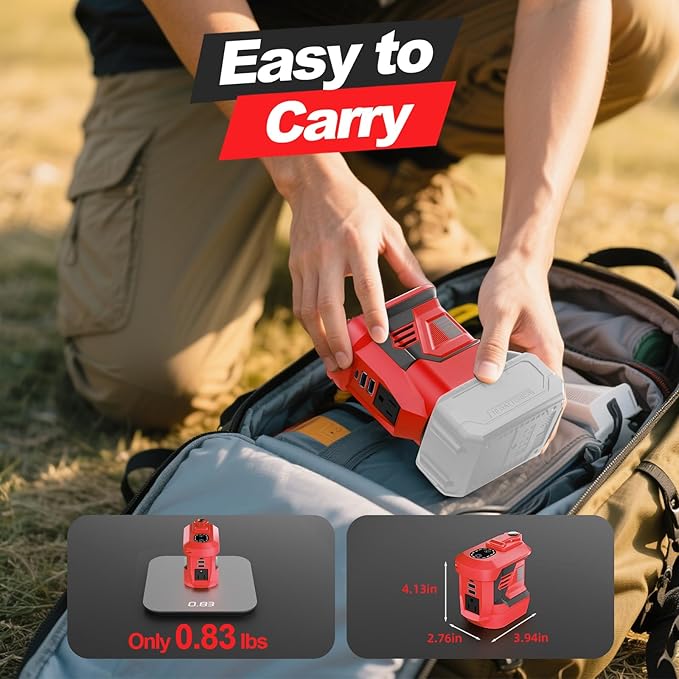 Portable Power Inverter 300WDC 18V to Ac110V-120V Powered Outlet 2 USB Ports 1 Type-C 1 Ac Outlet and Led LightCar Outdoor Camping Dedicated(No Battery-Red)