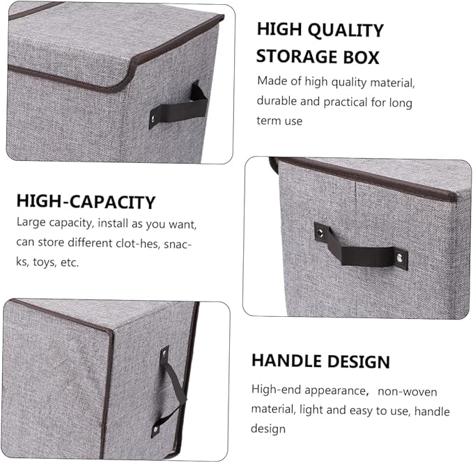 Levemolo Foldable Storage Bin Double Lids and Handles for Organizing Books Crafts Toys and More Grey Cotton Linen Storage Box for Home and Office Use