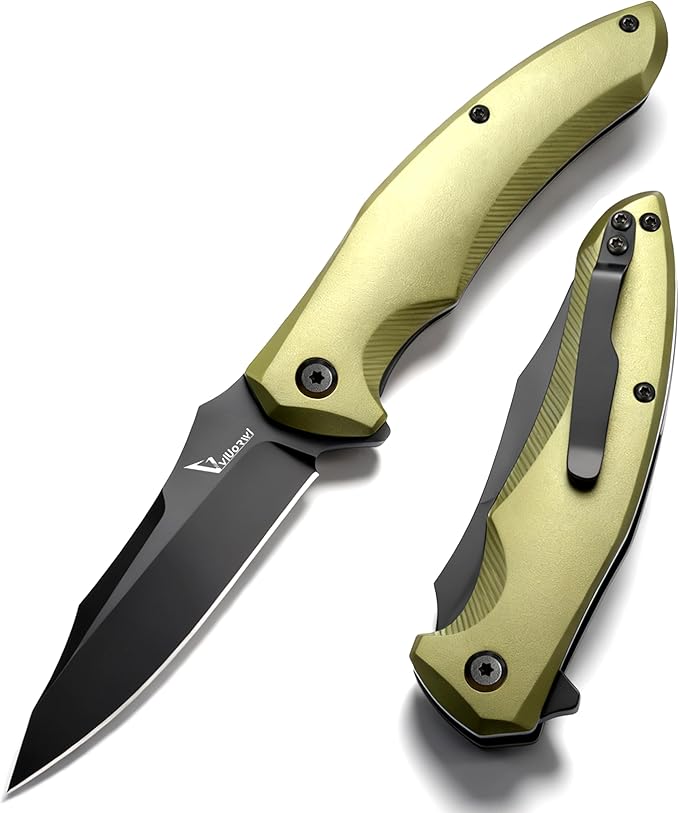 Ranger VR-09G Folding Knife - D2 Steel Blade HRC 60-65 Premium EDC Pocket Knife with Textured Olive Green Aluminum Handle Solid Liner Lock &amp Deep Carry Clip for Camping Fishing Hiking Work &a