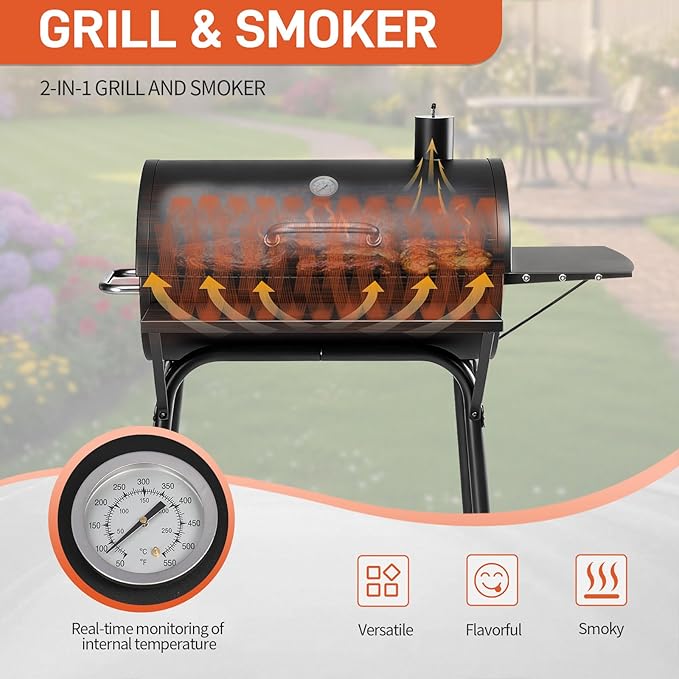 Outvita Barrel Charcoal Grill with Warming Rack Outdoor BBQ Grill with Side Front Table with Nearly 564 Sq.In. Cooking Grid Area for Backyard Patio Picnic Parties Camping Black