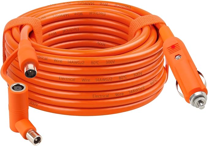 25FT 14AWG Car Charging Cable for Jackery Portable Power Station Explorer 3000 2000 1500 1000 880 550 500 300 290 240 160DC 8mm Car Cigarette Lighter Charger Cable 15A with DC7909/8020 Plug