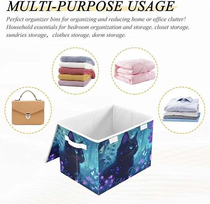 AIXIWAWA Lidded Storage Cube (Fantastic Forest Cat) Fabric Foldable Closet Bins with Flip Lid and Handles Organizer Basket Container 16.5 x 12.6 x 11.8 IN