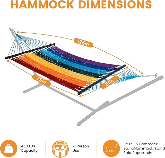 Lazy Daze Hammocks 10.5 FT Double 2 Person Caribbean Rope Hammock Hand Woven Polyester Hammock with Spreader Bars for Outside Outdoor Backyard Patio Poolside 450 LBS Capacity Rainbow