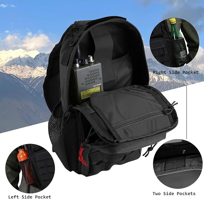 Rover Sling Pack Tactical Shoulder Sling Bag Backpack with Bottle Holder Crossbody Chest Bag Black with Red Rope/Patch
