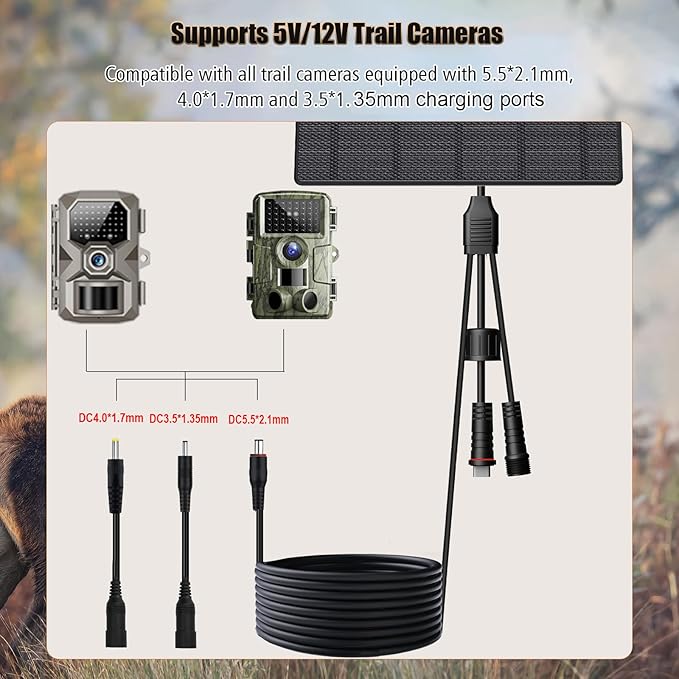 10W Solar Panel with 10400mAh Battery for Security &amp Trail Cameras 5V/12V Adjustable Output USB-C &amp DC Plugs IP66 Waterproof 360° Mount 9.8ft Cable