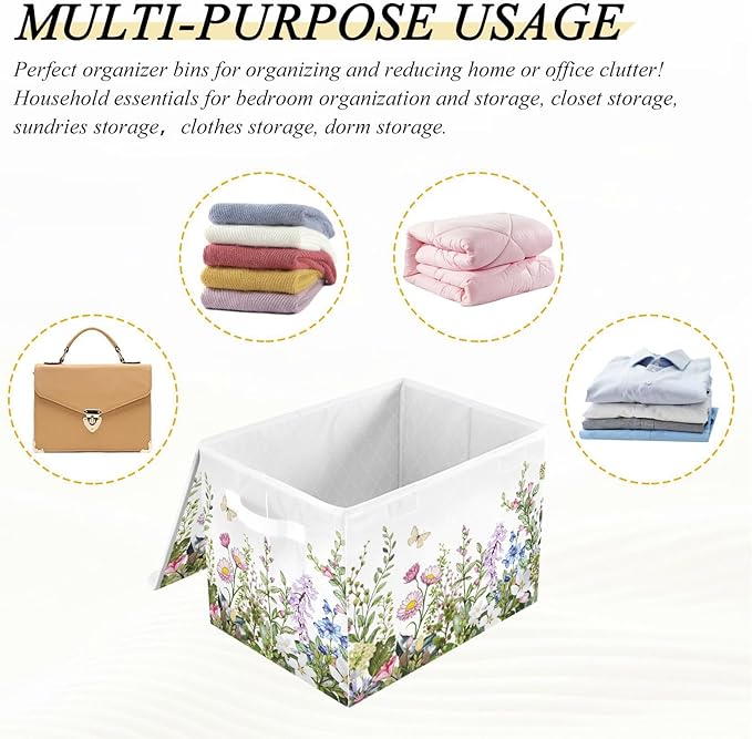 senya Spring Storage Baskets Collapsible Storage Bins with Lids Spring Wild Flowers Butterfly Storage Boxes Clothes Baskets for Organizing