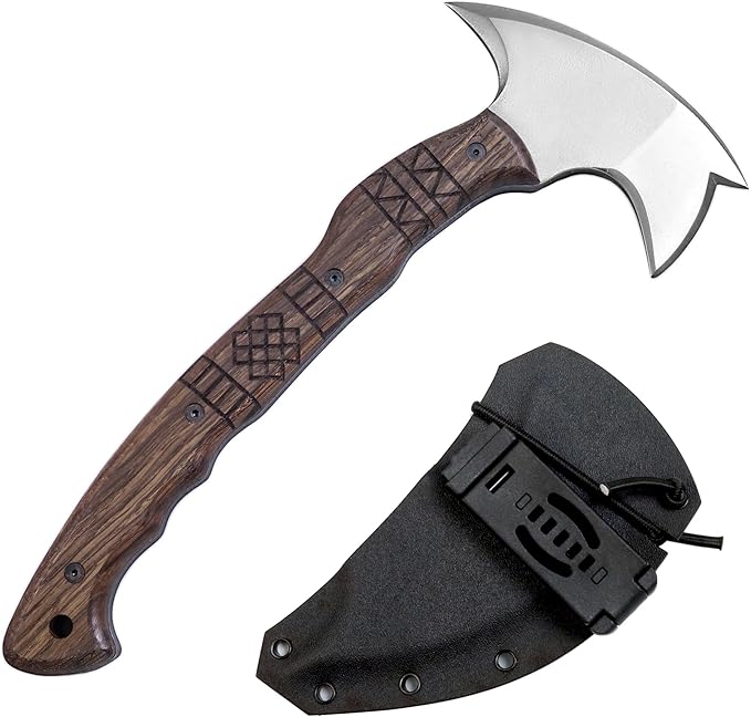 AncientSmithy Tomahawk Axe - Handmade Tactical Tomahawk Hatchet - Full Tang Combat Axe for Military Camping and Outdoor Activities (Three Spikes Oak Handle Kydex Sheath)