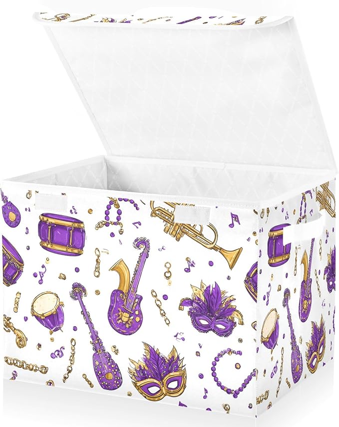Purple Mask Instrument Shrove Tuesday Storage Box with Lid 1 PC Foldable Storage Bin with Lids Stackable Storage Bins Cube Closet Organizer Basket with Flip-Top Lid &amp Handles for Shoes Book
