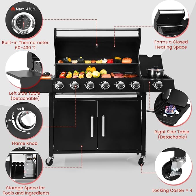 6-Burner w/Side Burner Gas Grill with 403 SQ.IN. Outdoor Grill with 60000 BTUPropane Grills with Top Cover LidGrills Outdoor Cooking for PatiosCampingBalcony-Q032