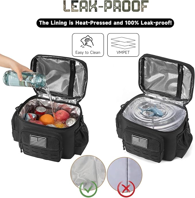 QT&ampQY Tactical Lunch Bag for mens Military heavy duty lunch box work Leakproof insulated Durable Thermal Cooler Bag for Adult Meal for Office Camping Picnic Pail MOLLE Webbing Black