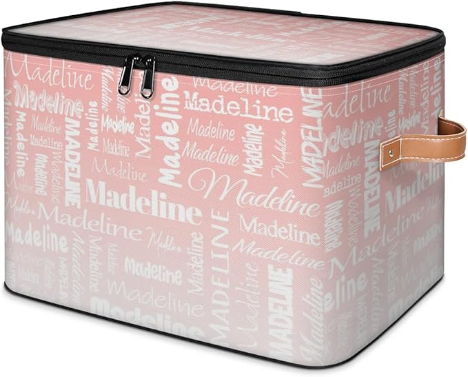 Custom Storage Basket with Name Personalized Keepsake Box with Zipper Lid Foldable Fabric Memory Bin Large capacity with Handle Pink White