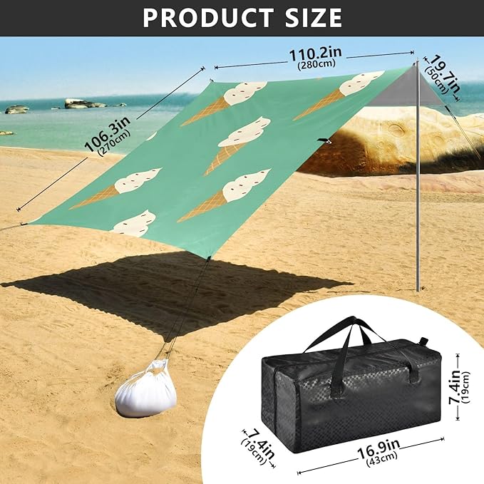 ALAZA Turquoise Ice Cream Cones Pattern Beach Tent Sun Shelter Portable Canopy Sunshade for Outdoor Camping Picnics Backyard Fun 10x9 ft